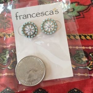Teal and White Flower Stud Earrings Boho